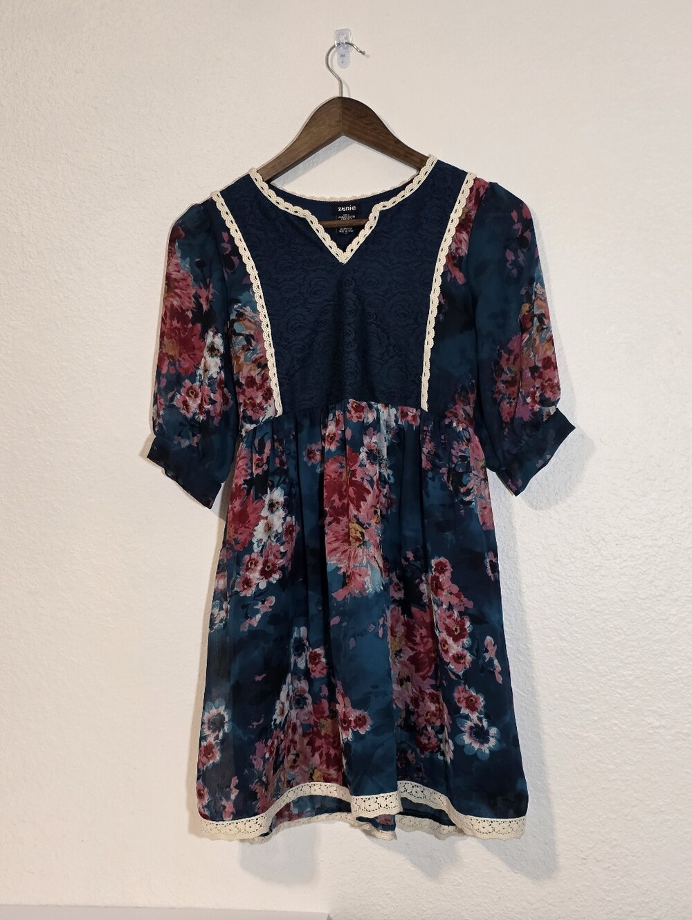 Zunie Girls Floral Lace Trim Chiffon Dress Size 14 Blue Pink Boho Flutter Sleeve